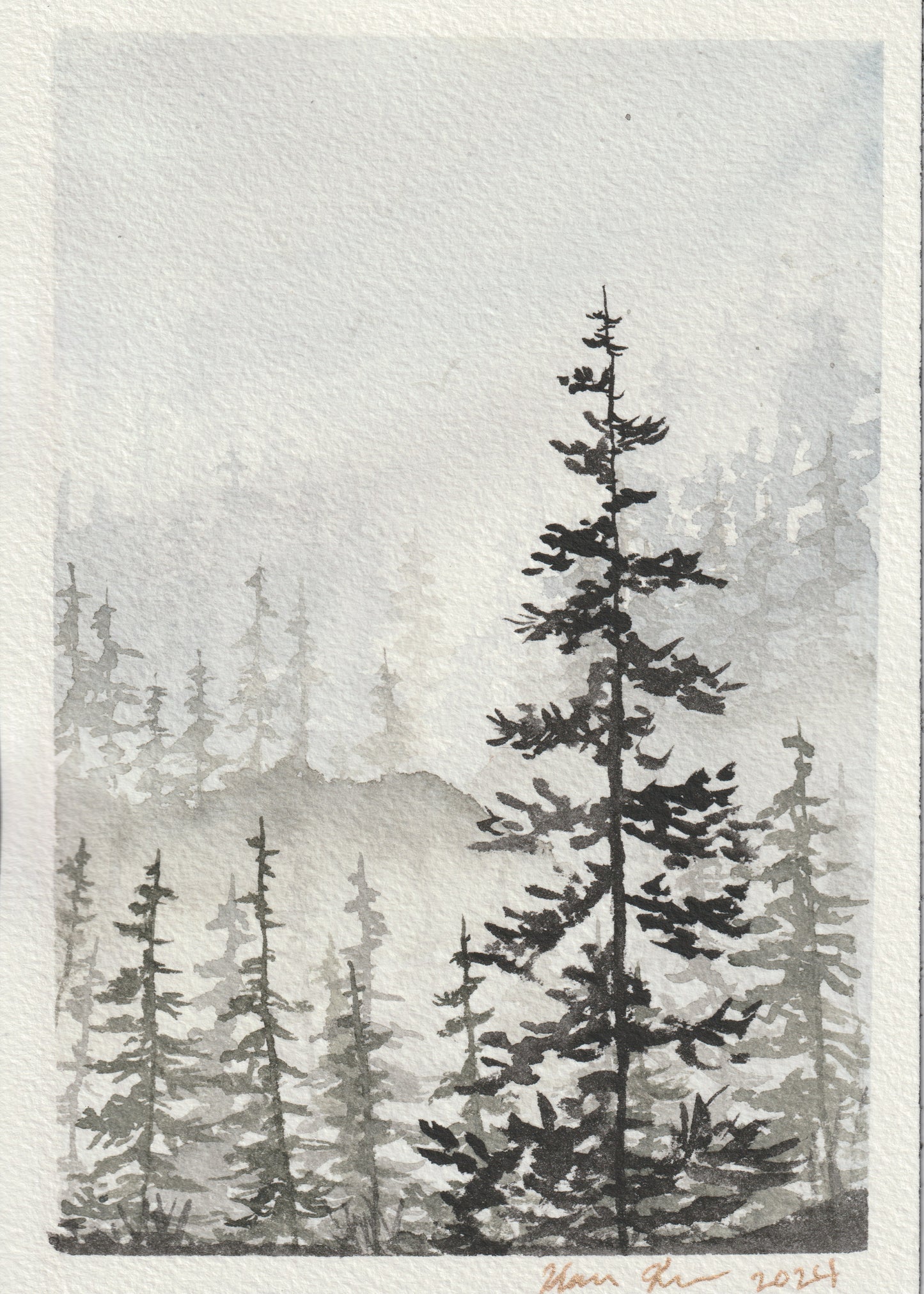 Original Watercolor Misty PNW Morning 5x7