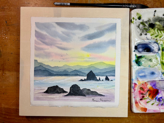 Original Haystack Rock Oregon Coast Watercolor Painting