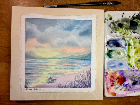 Original Watercolor Painting Serene Grassy Beach