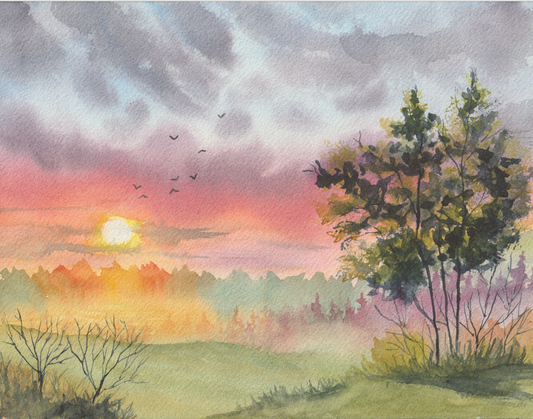 Original Watercolor Painting-8x10 Misty Sunset